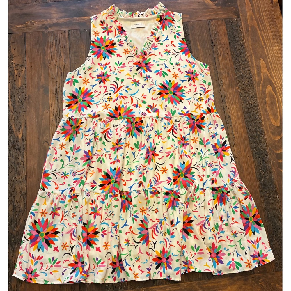 Adrienne Colorful Tiered Floral Mini Dress, Women's size Medium